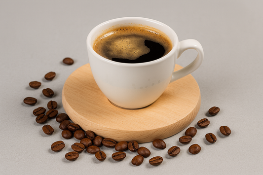 Okrągła deska drewniana o średnicy 10 cm z filiżanką świeżo zaparzonej kawy, otoczona rozsypanymi ziarnami kawy na jasnym tle – stylowa i naturalna aranżacja produktowa.