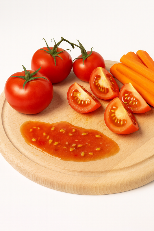 Okrągła drewniana deska do krojenia z rowkiem, na której leżą świeże pomidory i pokrojone warzywa. Sok z pomidorów spływa do rowka, podkreślając funkcjonalność deski podczas przygotowywania posiłków.