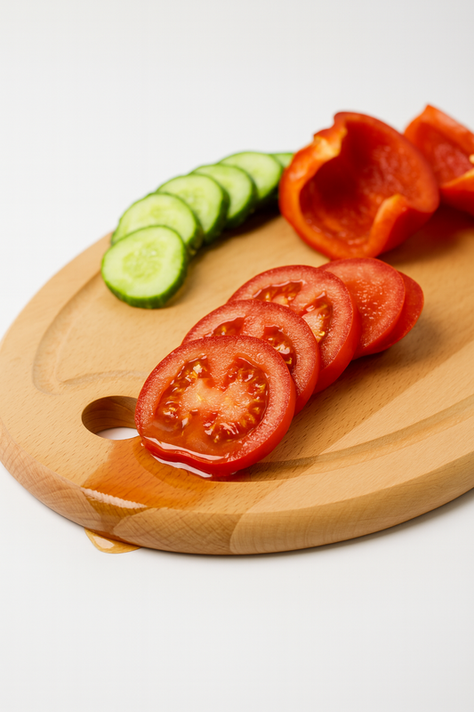 Owalna drewniana deska do krojenia z rowkiem – na niej świeżo pokrojone pomidory, ogórek i papryka, z sokiem z warzyw spływającym do rowka w desce.