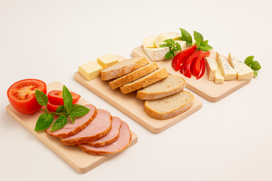 Zestaw 3 drewnianych desek śniadaniowych z naturalnego drewna bukowego, ułożonych z apetycznymi składnikami: pieczywem, serem, wędliną, pomidorami i świeżą bazylią — idealne do serwowania posiłków w rustykalnym stylu.