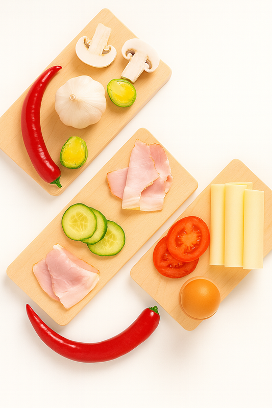 Zestaw 3 drewnianych desek śniadaniowych z naturalnego drewna bukowego, ułożonych z kolorowymi składnikami – papryczką chili, czosnkiem, pieczarkami, brukselką, szynką, ogórkiem, pomidorem, serem i jajkiem – idealnych do serwowania posiłków.