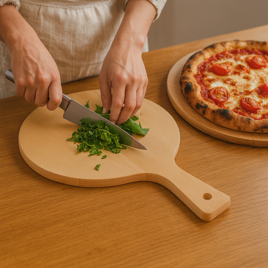 Kobieta kroi świeży pęczek bazylii na okrągłej drewnianej desce z uchwytem, obok której na drugiej takiej samej desce leży upieczona pizza – naturalne oświetlenie, styl rustykalny, produkt marki Chłopcy z Rancza.
