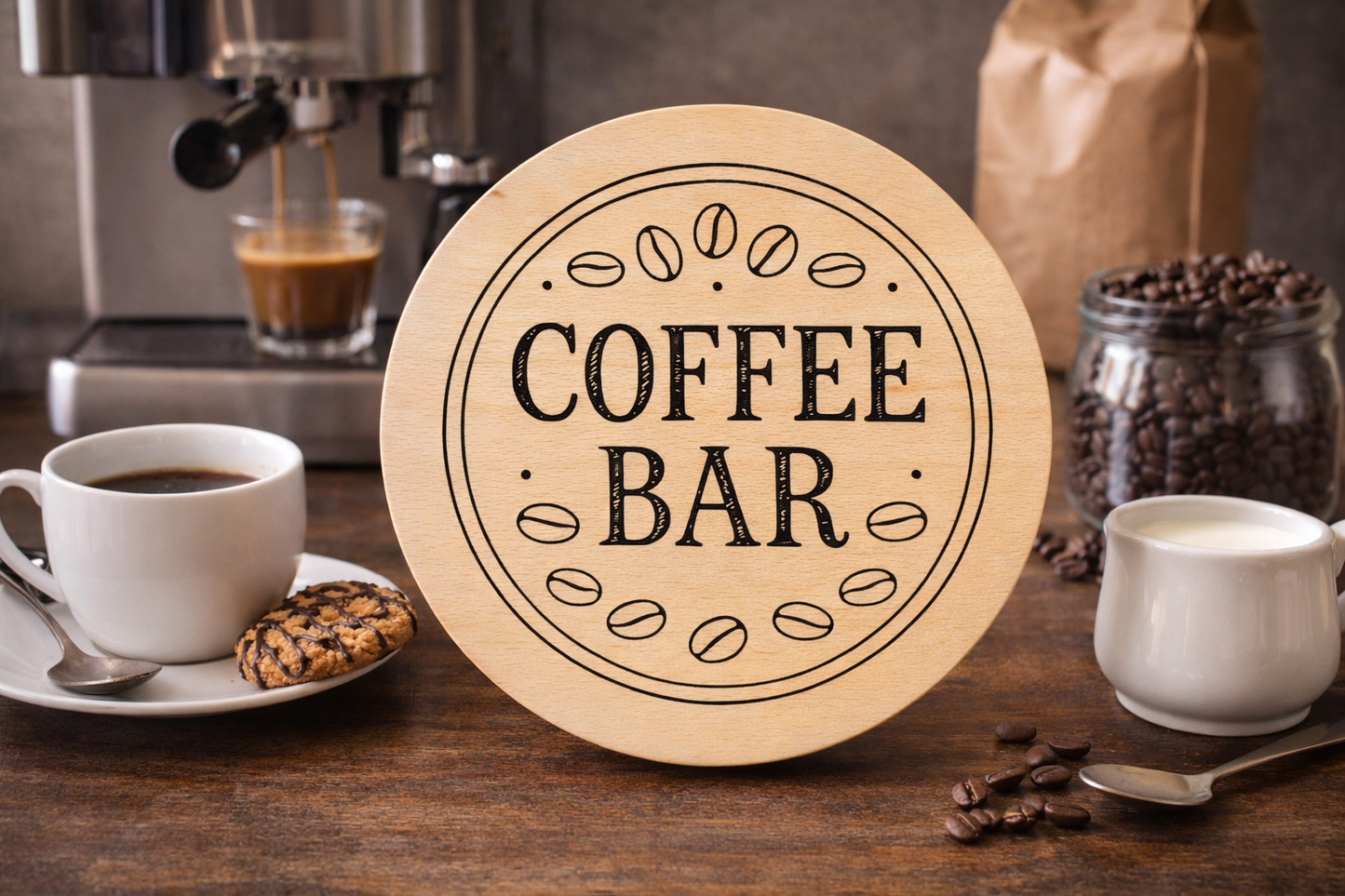 Buchenholzbrett mit Gravur COFFEE BAR – rundes Servierbrett 20 cm