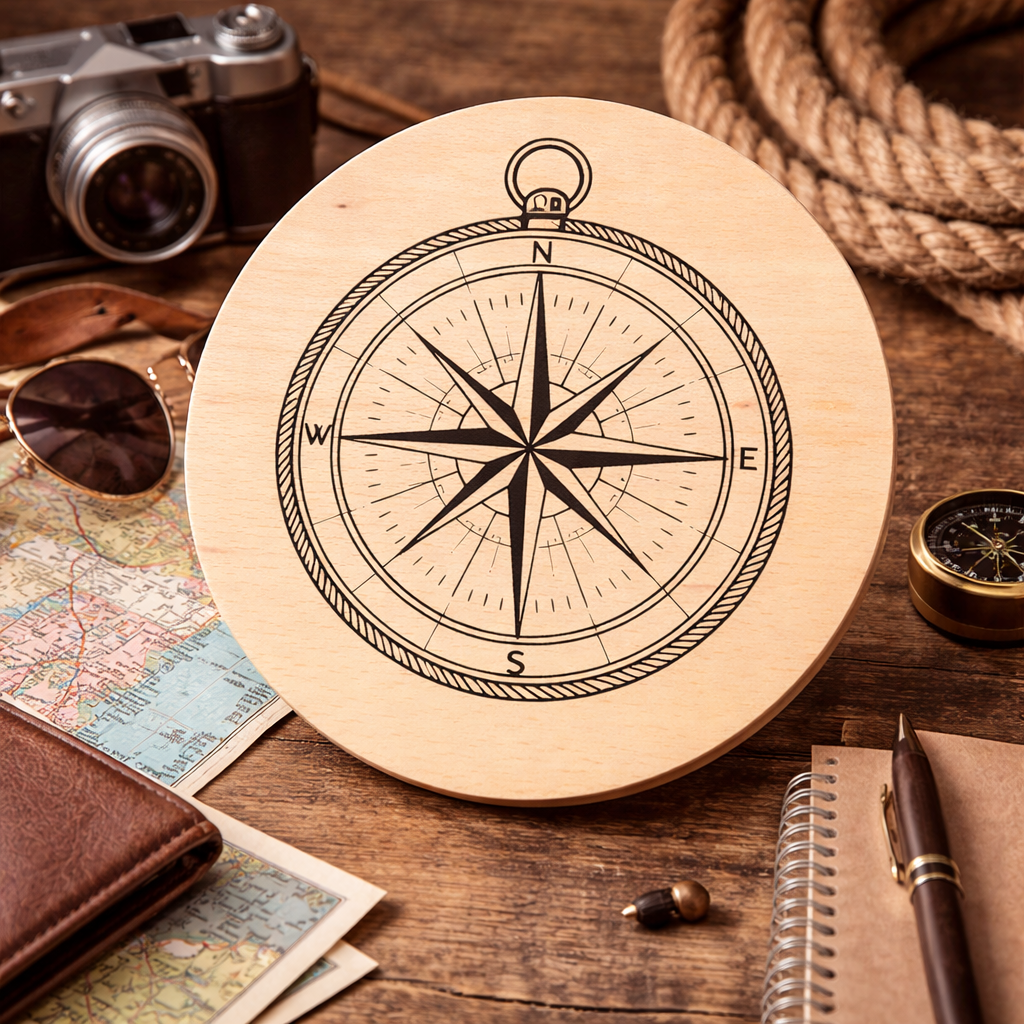 Planche de hêtre avec gravure boussole – planche en bois ronde 20 cm