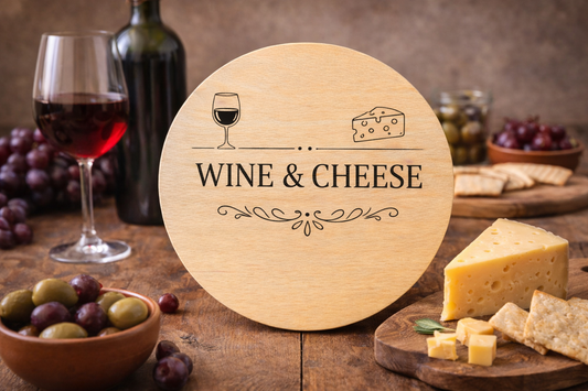 Bukowa deska z grawerem WINE & CHEESE – okrągła deska do serwowania 20 cm