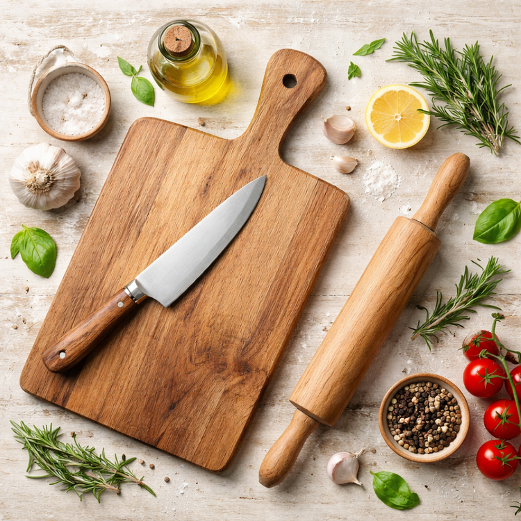 Drewniana deska do krojenia, wałek do ciasta i nóż – naturalne akcesoria kuchenne