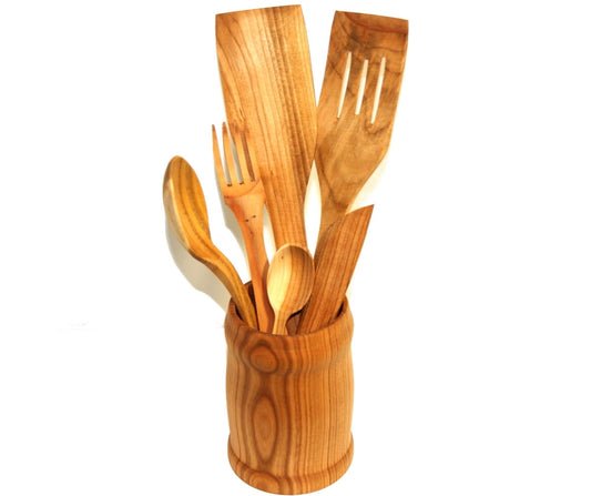 Przybory kuchenne z drewna czereśnia w kubku | Zestaw drewnianych akcesoriów kuchennych | Ekologiczne narzędzia kuchenne | Cherry wood utensils