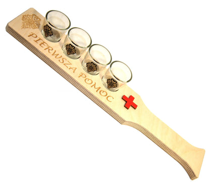 Planche de service pour shots 40 cm + 4 verres | Support en bois pour alcool | Plateau de bar pour shots | Ensemble de barman avec verres