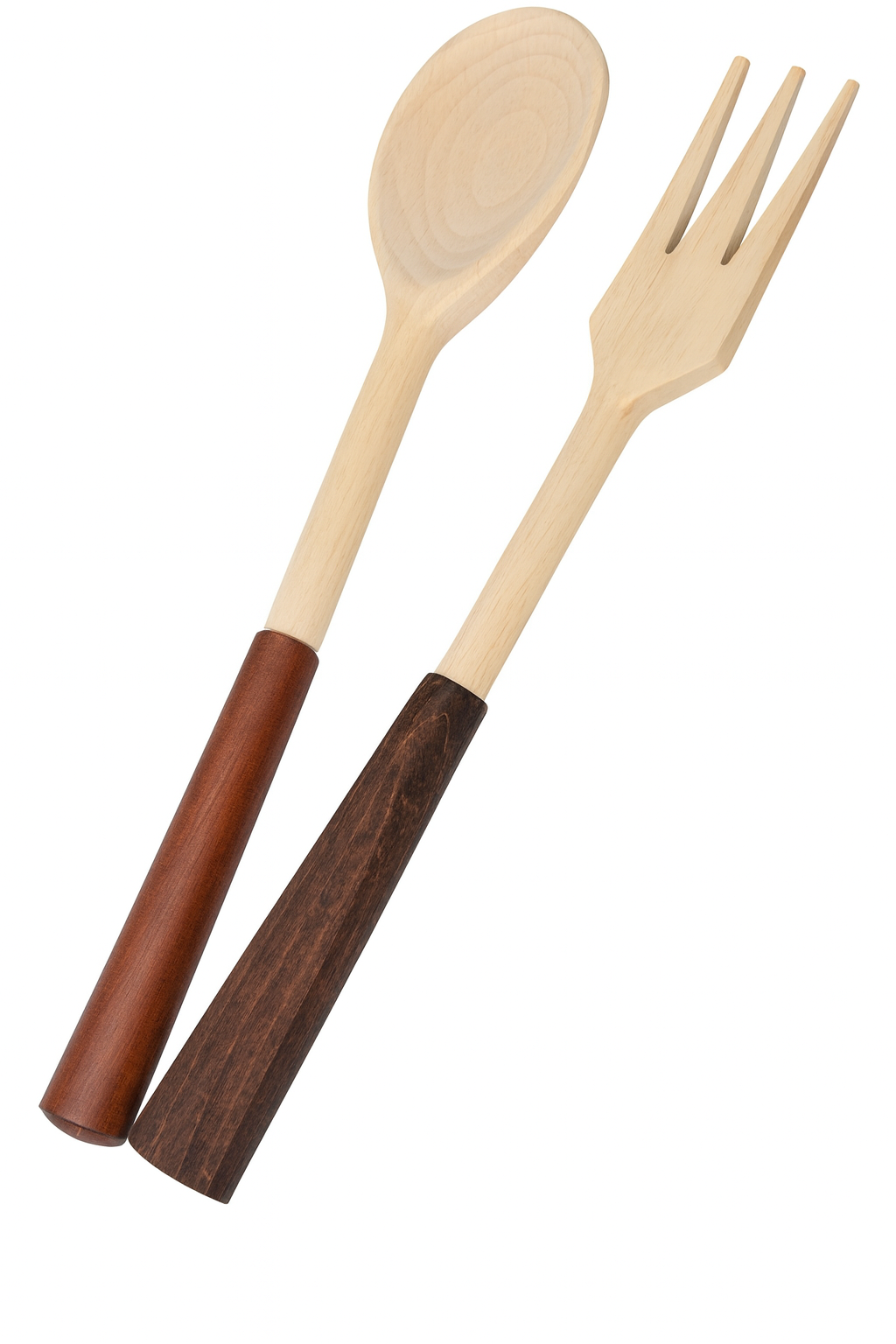 Komplet drewnianych sztućców z elegancką brązową rączką – łyżka i widelec z naturalnego drewna, idealne do serwowania sałatek i potraw, ekologiczny design w rustykalnym stylu.