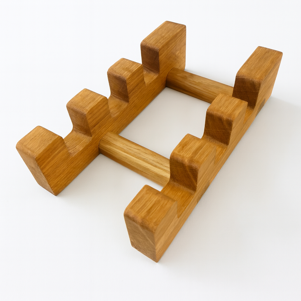 Drewniany stojak na noże z litego dębu – solidny, minimalistyczny organizer z czterema uchwytami, wykonany z naturalnego drewna o ciepłym, miodowym odcieniu. Idealny do estetycznego przechowywania noży w kuchni.