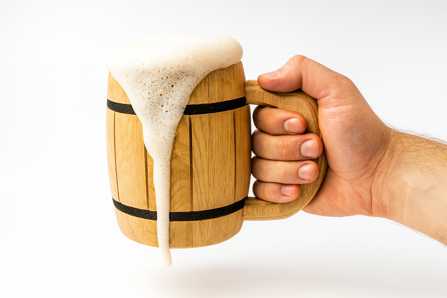 Drewniany kufel w kształcie beczułki z metalowym wkładem, wypełniony złocistym piwem z obfitą pianą spływającą po ściance, trzymany przez męską dłoń