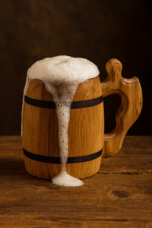 Rustykalny kufel dębowy z wewnętrznym wkładem ze stali nierdzewnej, wypełniony złocistym piwem z obfitą pianą spływającą po brzegach, ustawiony na dębowym stole w starodawnej, ciepłej scenerii.