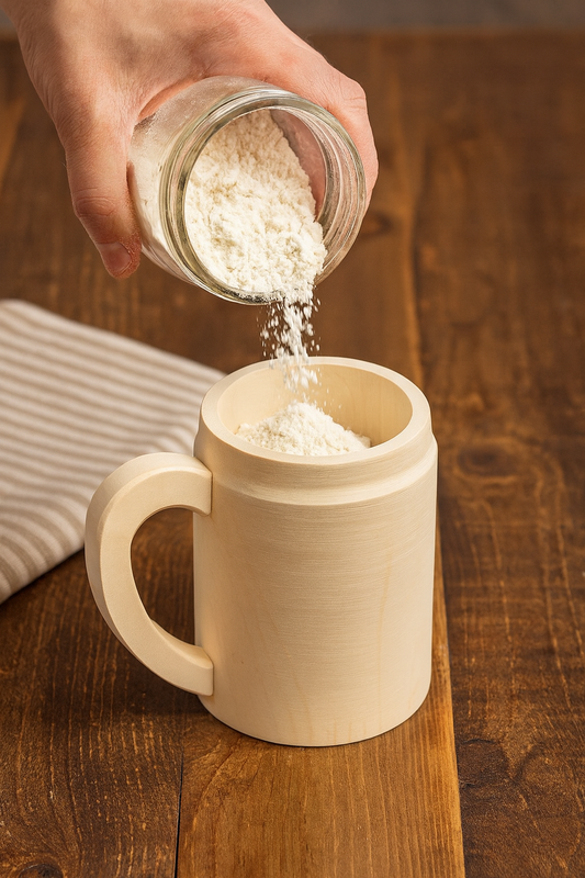 Drewniany kubek w naturalnym kolorze, do którego wsypywana jest mąka z przezroczystego słoika – scena w ciepłej, rustykalnej kuchni, z widocznym drewnianym stołem i lnianą ściereczką w tle.