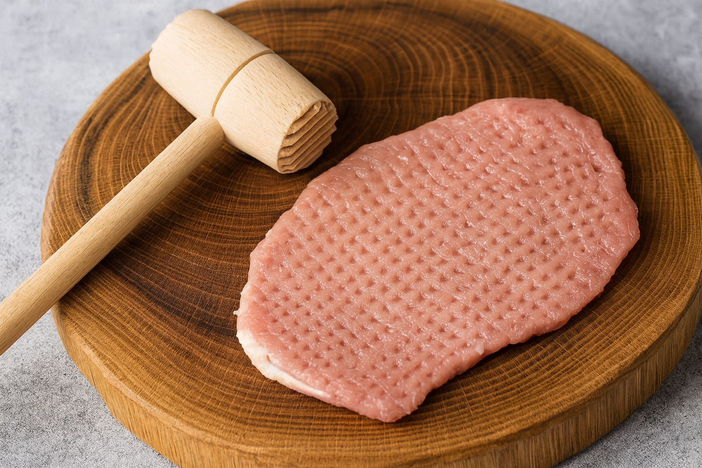 Drewniany tłuczek do mięsa leżący obok rozbitego kotleta schabowego na drewnianej desce kuchennej – na mięsie widoczne ślady po ubijaniu.