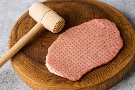 Drewniany tłuczek do mięsa leżący obok rozbitego kotleta schabowego na drewnianej desce kuchennej – na mięsie widoczne ślady po ubijaniu.