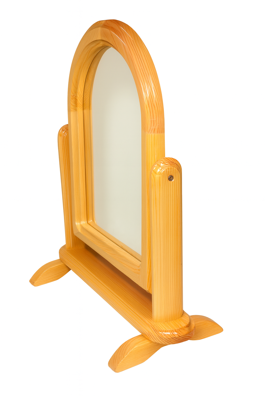 Drewniane lustro stojące z łukową ramą wykonane z naturalnego sosnowego drewna, z widocznym usłojeniem i lakierowanym wykończeniem, ustawione na stabilnej podstawie z zaokrąglonymi nogami – idealne do sypialni lub garderoby w stylu rustykalnym.