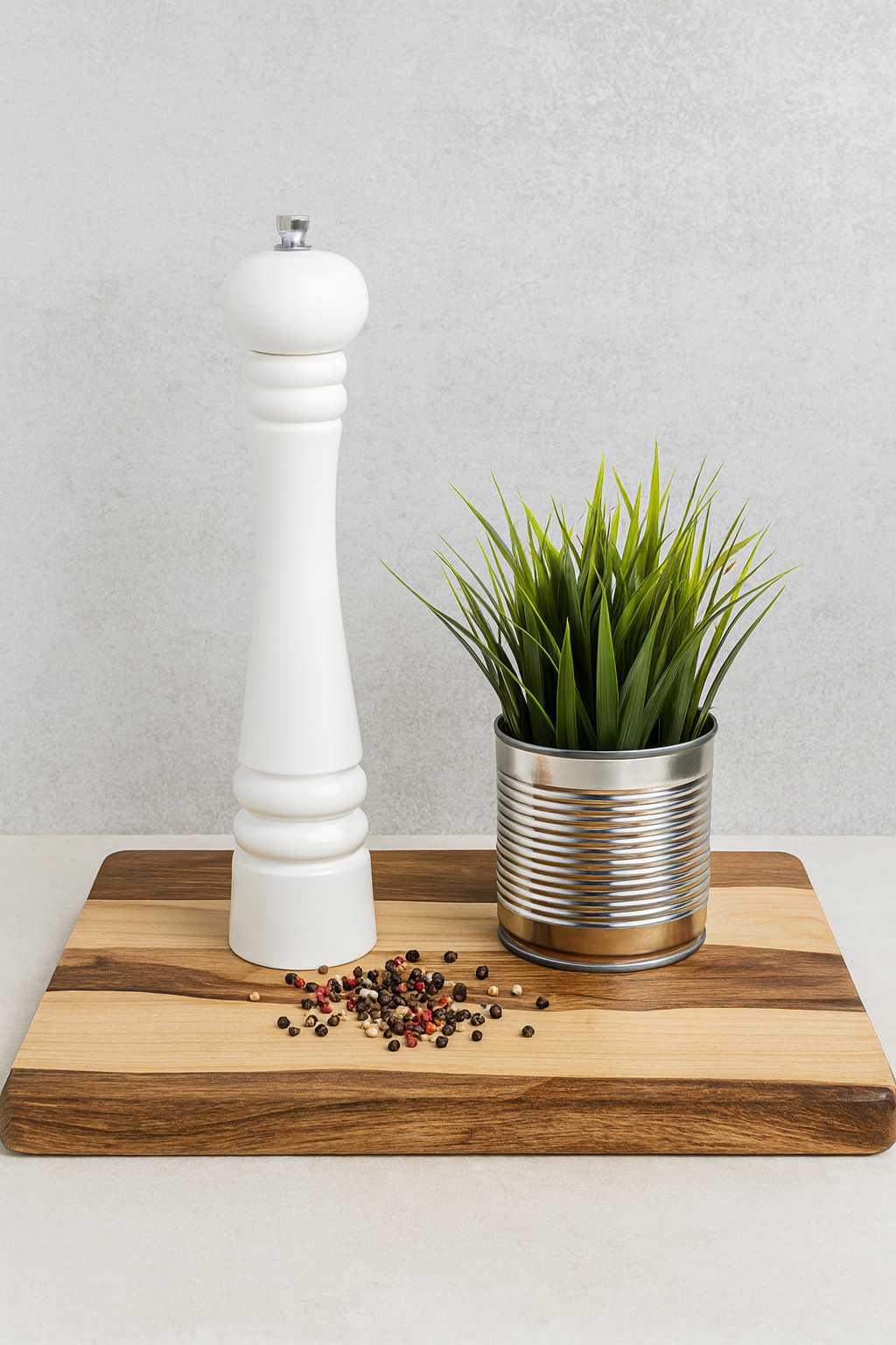Elegancki biały młynek do pieprzu stojący na desce z drewna akacjowego, obok metalowa doniczka z zieloną trawą i rozsypane kolorowe ziarna pieprzu – stylowa, minimalistyczna scena kuchennego wystroju w naturalnym świetle.