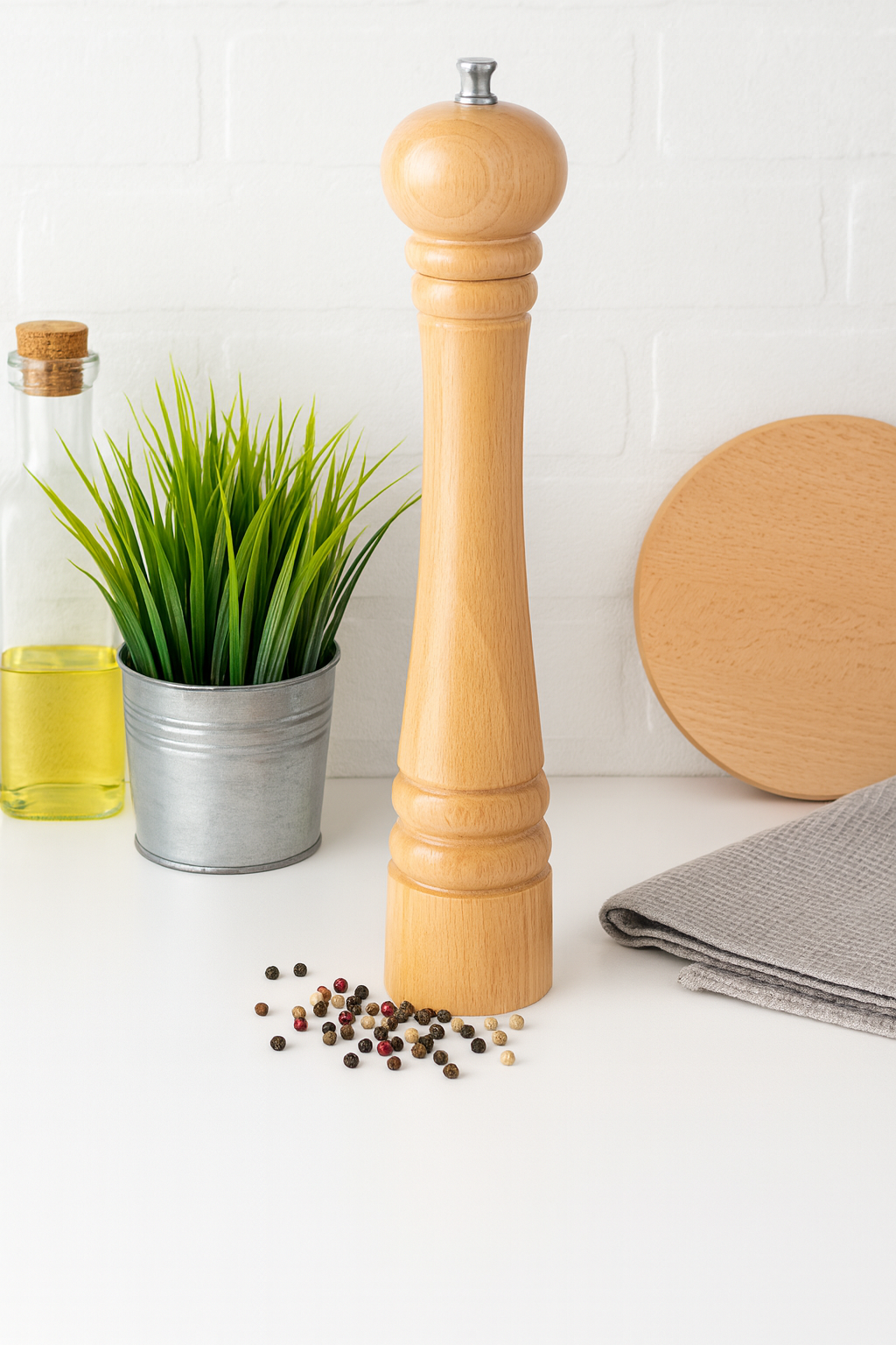 Drewniany młynek do pieprzu w kolorze naturalnego buku, ustawiony na białym blacie kuchennym. Obok znajduje się metalowa doniczka z zieloną trawą, butelka z oliwą, okrągła deska bukowa i szara ściereczka. Na blacie rozsypane są kolorowe ziarenka pieprzu. Jasne, naturalne oświetlenie i minimalistyczne tło w stylu rustykalnym.