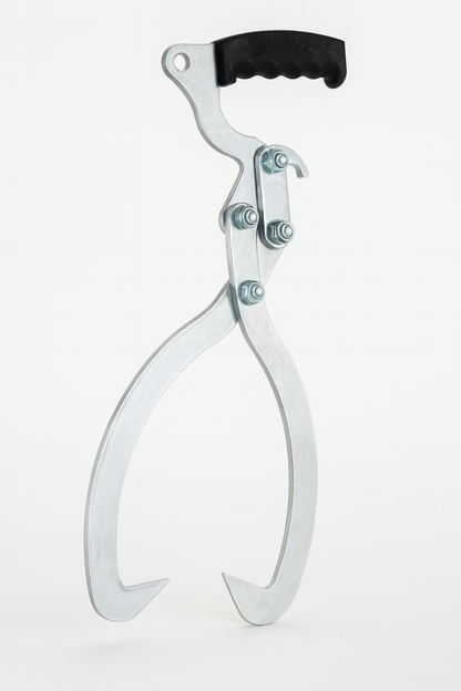 Solidne kleszcze do drewna z metalowymi ramionami i ergonomicznym uchwytem z tworzywa — idealne do bezpiecznego przenoszenia i manipulowania drewnem.