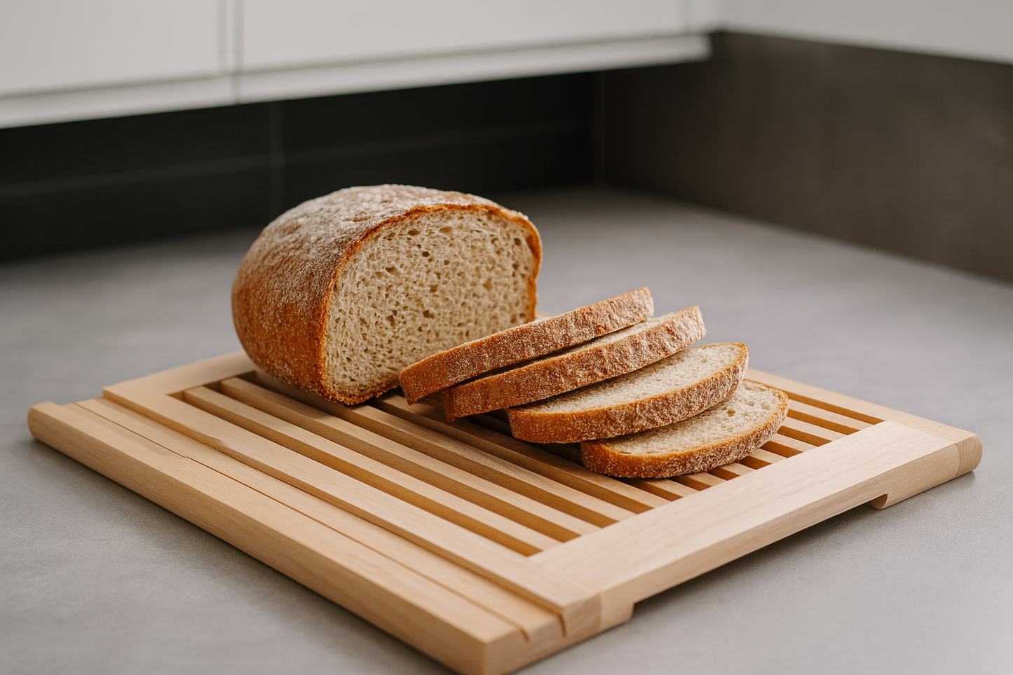 Drewniana kratkowana deska do krojenia chleba z bukowego drewna z umieszczonym na niej bochenkiem chleba oraz kilkoma pokrojonymi kromkami.