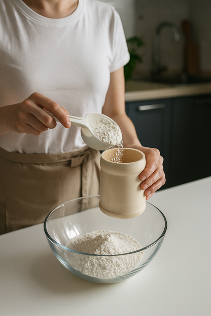 Drewniany pojemnik kuchenny w naturalnym kolorze, do którego kobieta wsypuje mąkę z plastikowej miarki nad szklaną miską w nowoczesnej, jasnej kuchni.