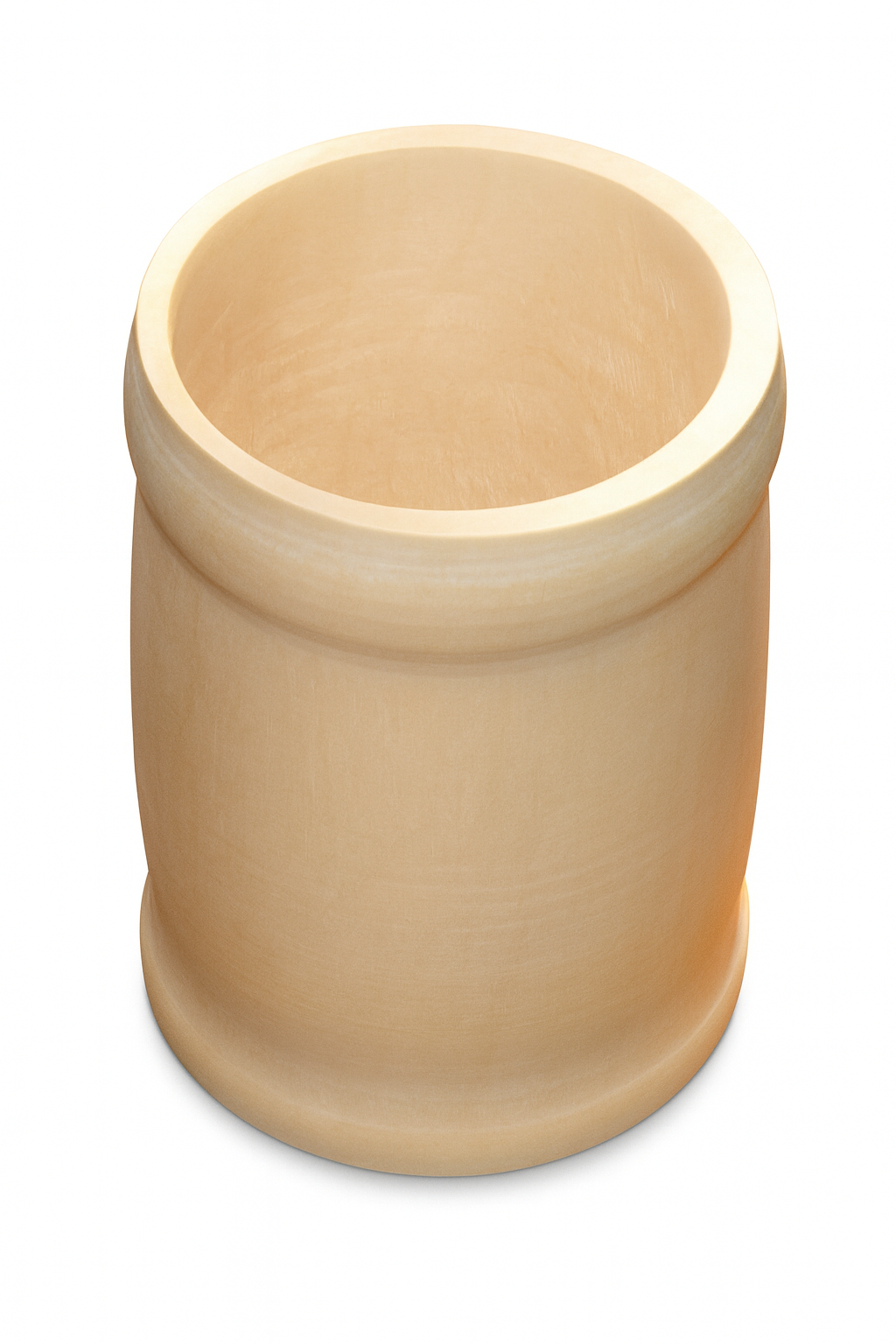 Drewniany pojemnik o cylindrycznym kształcie, wykonany z jasnego drewna bukowego, z gładką powierzchnią i delikatnym rantem u góry i dołu.