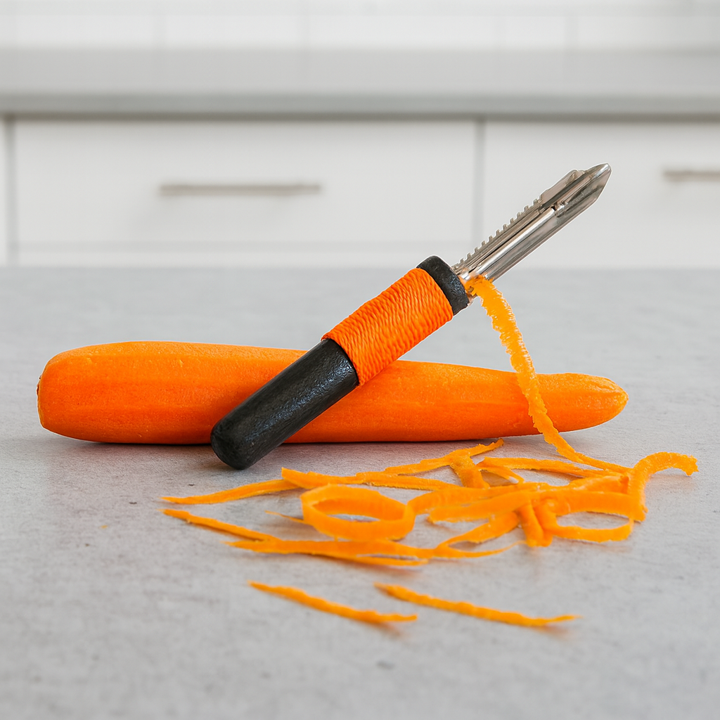 Nowoczesna kuchnia, na blacie leży marchewka obierana metalową obieraczką z czarno-pomarańczową rączką; obok widoczne cienkie paski i obierki marchewki,