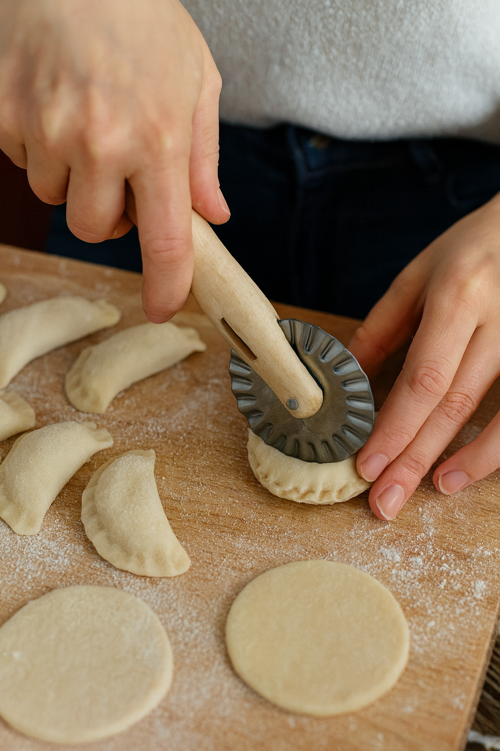 Kobieta formuje pierogi radełkiem z drewnianą rączką na drewnianej stolnicy posypanej mąką. Wokół leżą uformowane pierogi i krążki ciasta. Narzędzie ma metalowe, karbowane kółko, którym zlepia brzegi ciasta.