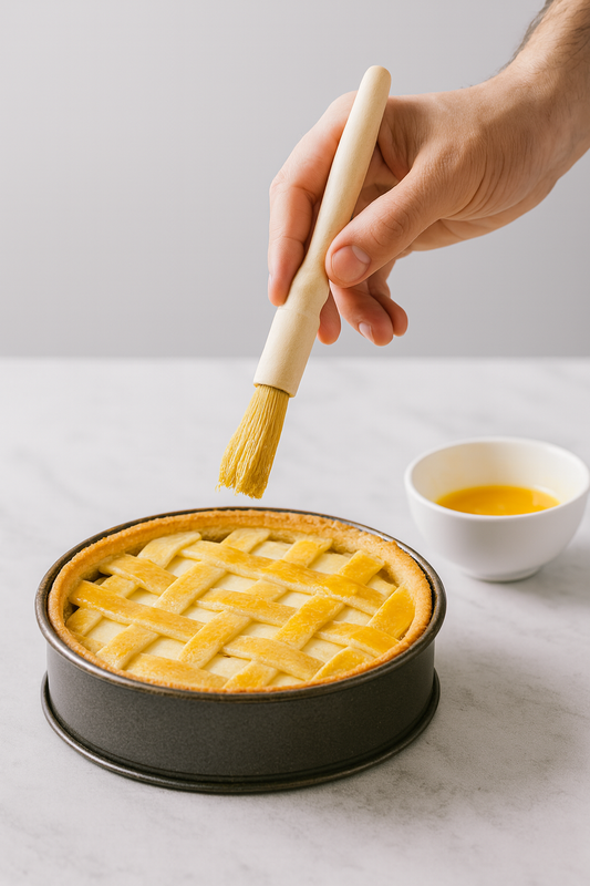 Cukiernik glazuruje kratkę na serniku żółtkiem jajka za pomocą małego drewnianego pędzla cukierniczego. W tle widoczna jest miseczka z roztrzepanym żółtkiem.