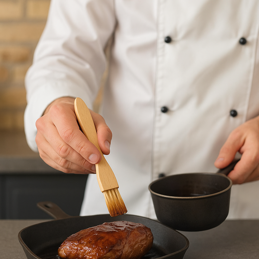 Kucharz glazuruje kawałek mięsa drewnianym pędzlem cukierniczym o długości 13 cm – naturalna scena w kuchni.