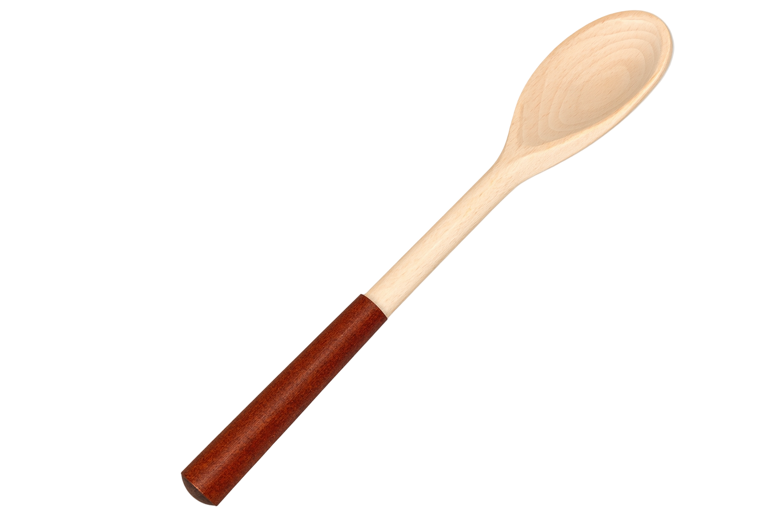 Drewniana łyżka kuchenna z eleganckim brązowym uchwytem – naturalne drewno bukowe z ciemnym, lakierowanym końcem, idealna do gotowania i serwowania potraw.