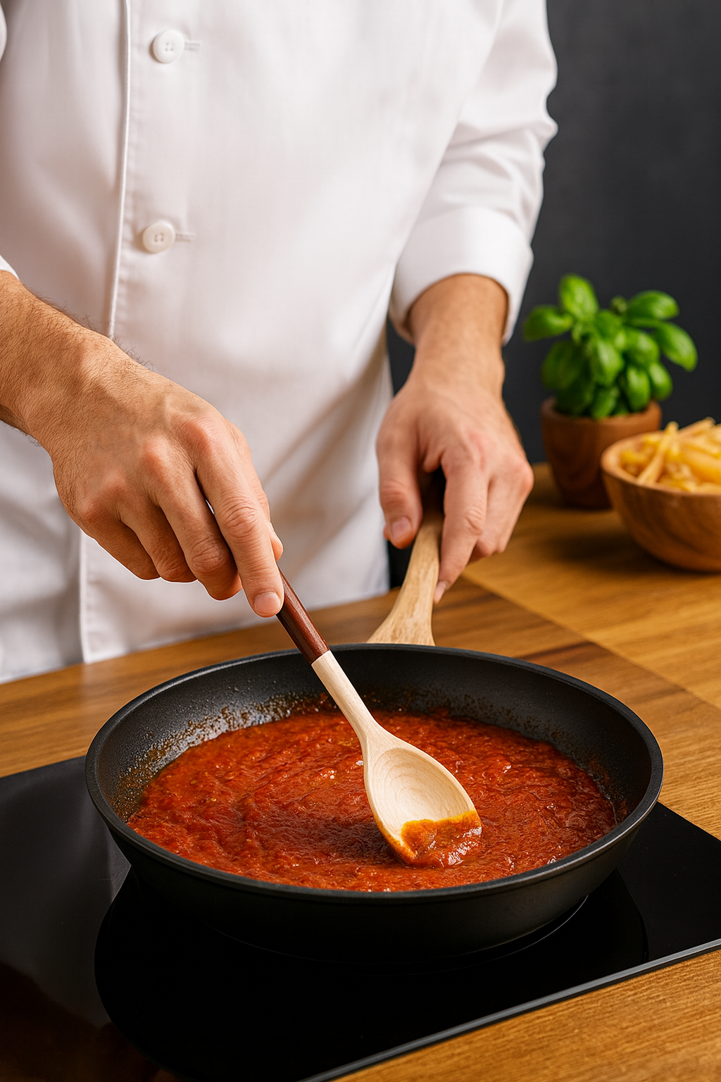 Kucharz w białej marynarce miesza sos pomidorowy w patelni drewnianą łyżką z eleganckim brązowym uchwytem, na tle rustykalnej kuchni z drewnianym blatem, świeżą bazylią i miską makaronu.