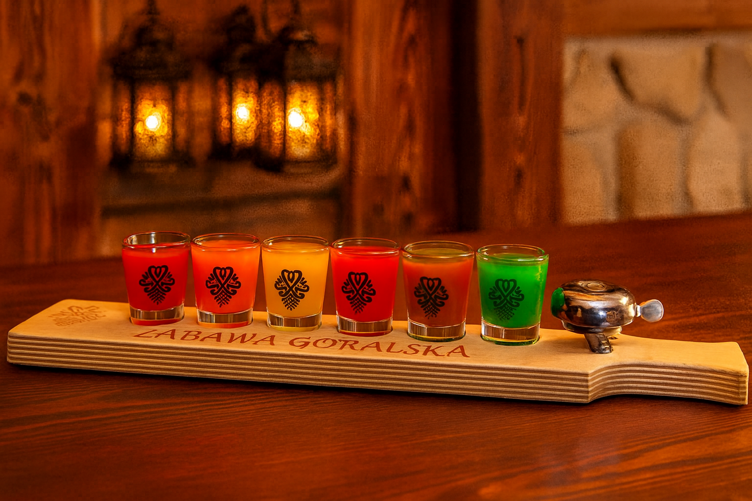 Drewniana deska z grawerem „ZABAWA GÓRALSKA” w stylu góralskim stoi na barze, na niej sześć kolorowych kieliszków wypełnionych shotami w odcieniach czerwonym, pomarańczowym, żółtym i zielonym; w tle ciepłe światło lamp i drewniane wnętrze karczmy.