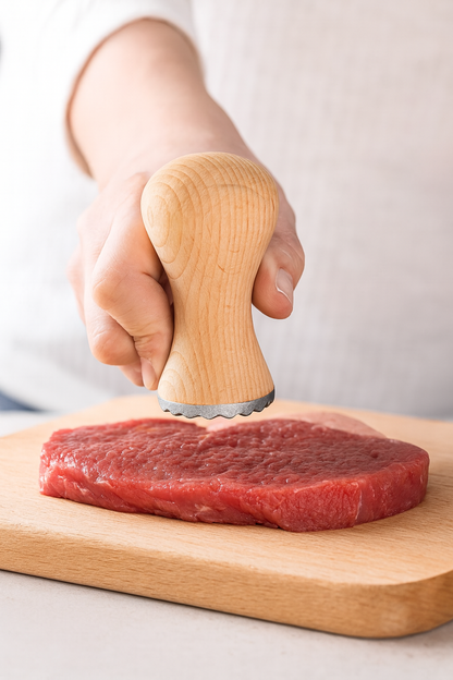 Drewniany tłuczek do mięsa z metalową podstawą używany do delikatnego rozbijania surowego steka na drewnianej desce kuchennej.