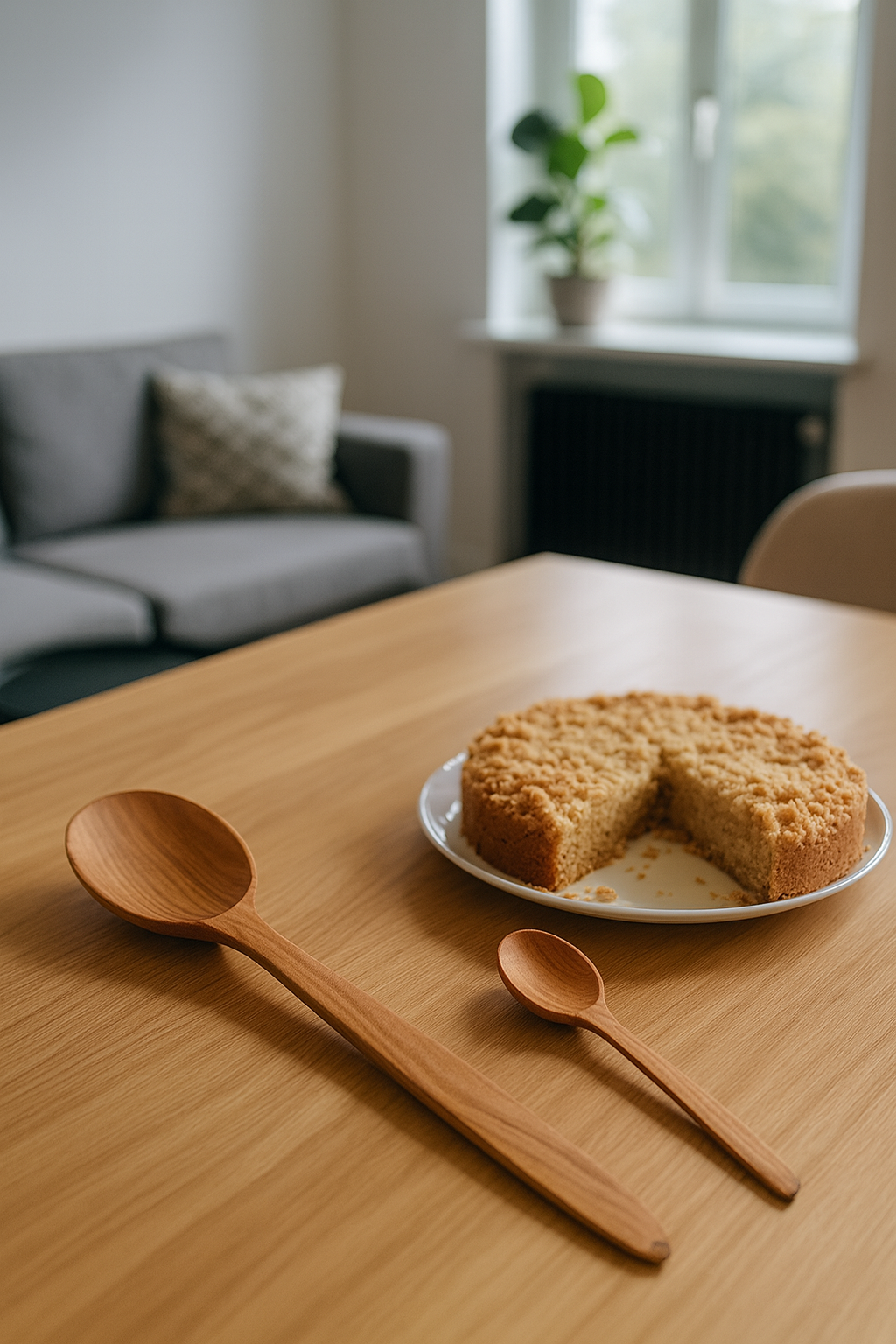 Dwie drewniane łyżki w różnych rozmiarach leżą na drewnianym stole obok talerza z ciastem w nowoczesnym, jasnym salonie.