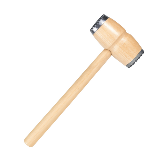 Drewniany młotek do mięsa 29 cm z metalowymi nakładkami – kuchenny niezbędnik.