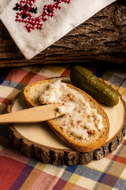 Drewniany nóż do smarowania chleba leżący na kromce ze smalcem ze skwarkami, obok ogórek kiszony na drewnianym talerzu. Scena w rustykalnym, góralskim stylu – tło z lnianą serwetą i drewnianym pieńkiem.
