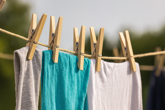 Drewniane klamerki do prania przypięte na sznurku z suszącym się praniem w słońcu — ekologiczne, naturalne rozwiązanie do codziennego użytku domowego.