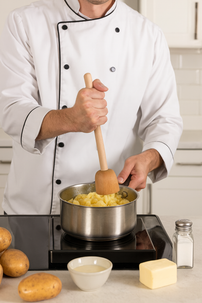 Kucharz w białej kucharskiej kurtce przygotowuje purée ziemniaczane, używając drewnianego tłuczka w stalowym garnku. Na blacie obok leżą ziemniaki, masło, sól i miseczka z mlekiem – scena kuchni domowej lub restauracyjnej.