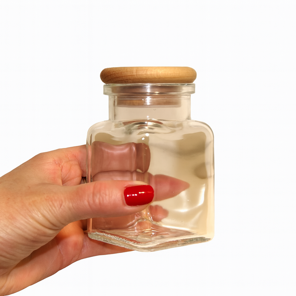 Szklany słoik z drewnianą pokrywką o pojemności 150 ml trzymany w dłoni, na białym tle – idealny do przechowywania przypraw i ziół.