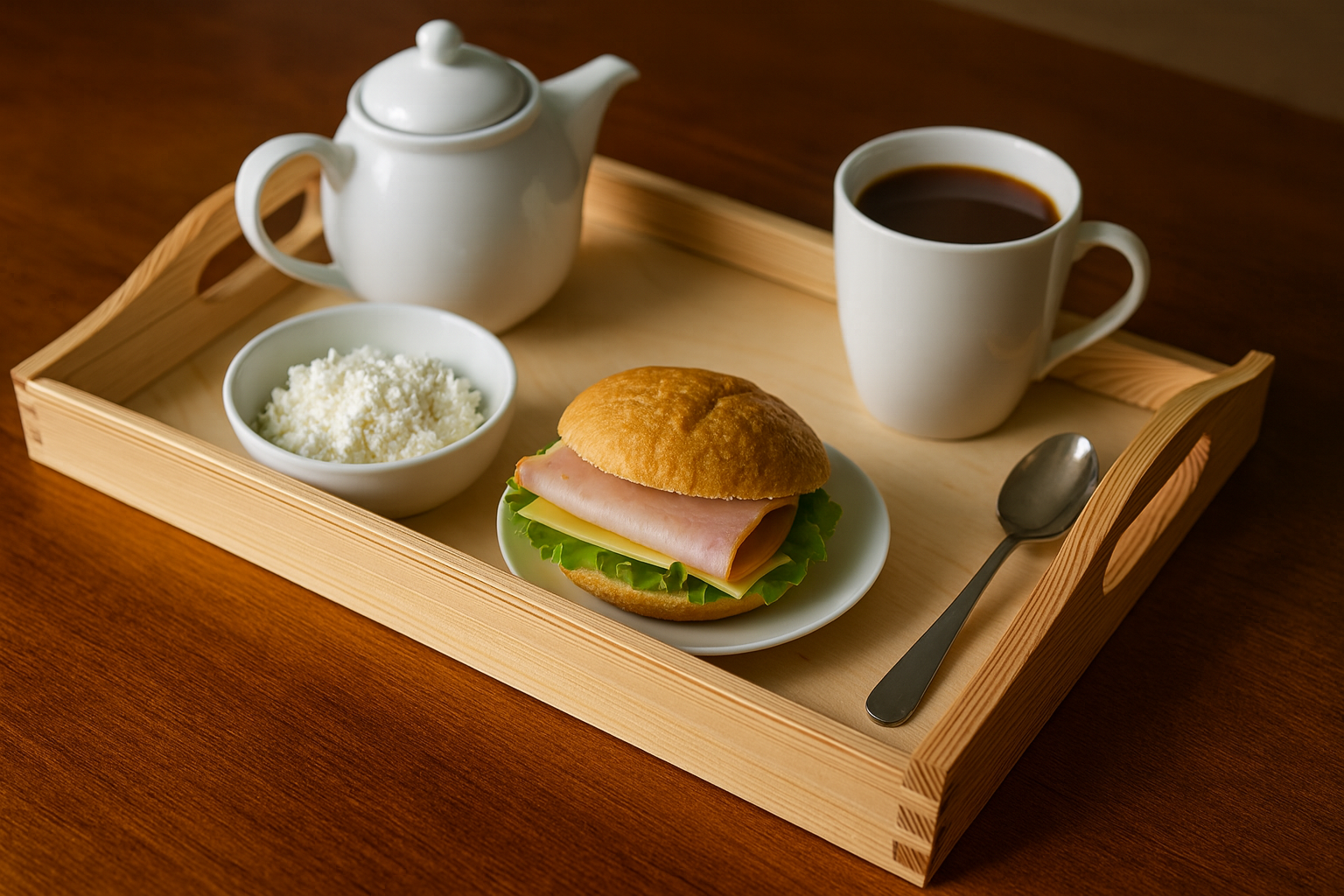 Drewniana taca śniadaniowa z uchwytami, na której znajduje się zestaw śniadaniowy – filiżanka kawy, biały czajniczek, miseczka z twarogiem oraz bułka z szynką, serem i sałatą. Naturalne, ciepłe oświetlenie podkreśla fakturę drewna i przytulny charakter zdjęcia.