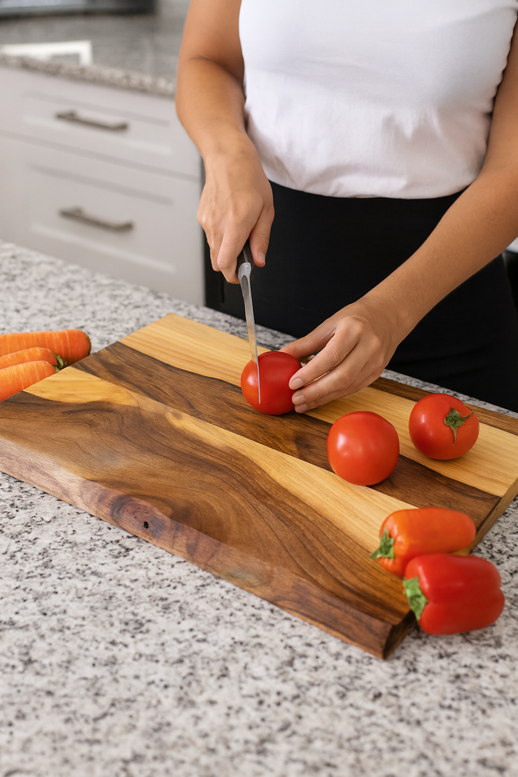 Kobieta kroi świeże pomidory na eleganckiej drewnianej desce do krojenia z orzecha włoskiego, leżącej na kuchennym blacie z kamienia. W tle widać marchewki i papryki, tworzące naturalną, ciepłą atmosferę kuchni.