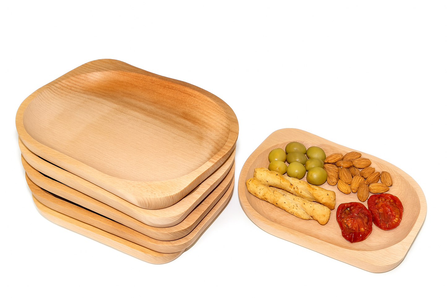 Zestaw 6 Drewnianych Talerzy – Ozdobna Niecka do Serwowania i Dekoracji. Na zdjęciu widać sześć miseczek z jasnego drewna bukowego, z delikatnie zaokrąglonymi brzegami. Jedna z nich prezentuje przekąski – oliwki, migdały, pieczywo i suszone pomidory