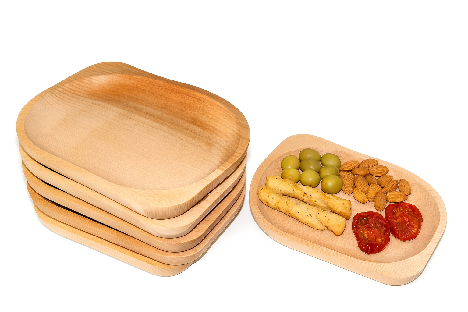 Zestaw 6 Drewnianych Talerzy – Ozdobna Niecka do Serwowania i Dekoracji. Na zdjęciu widać sześć miseczek z jasnego drewna bukowego, z delikatnie zaokrąglonymi brzegami. Jedna z nich prezentuje przekąski – oliwki, migdały, pieczywo i suszone pomidory