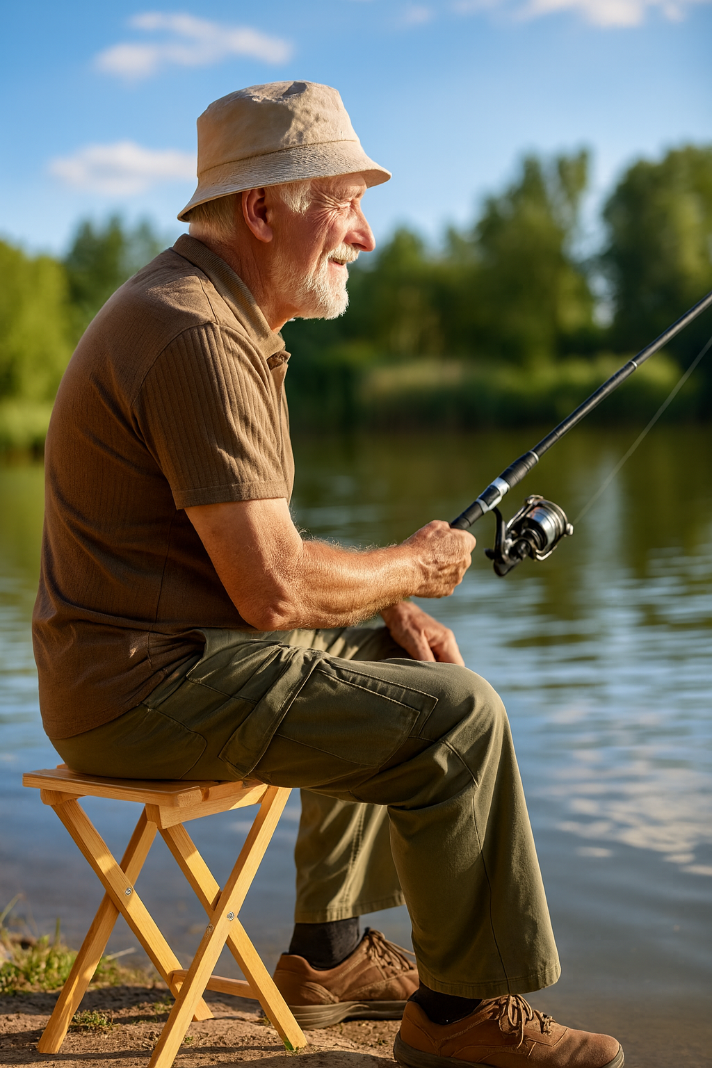 Starszy wędkarz siedzi na składanym drewnianym stołku nad jeziorem w słoneczny dzień, trzymając wędkę i z uśmiechem spoglądając na wodę. Naturalne światło podkreśla ciepły kolor drewna stołka i spokojną, letnią atmosferę.