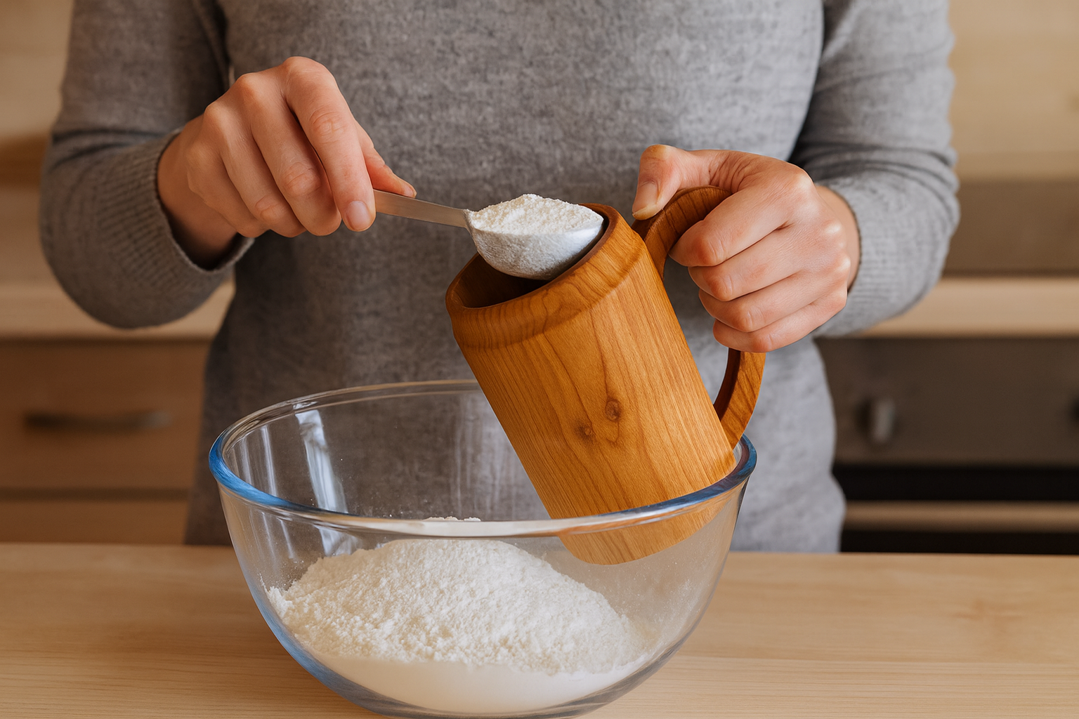 Gospodyni w szarym swetrze odmierza mąkę za pomocą drewnianego kubka czereśniowego nad szklaną miską w kuchni, w ciepłym naturalnym świetle.