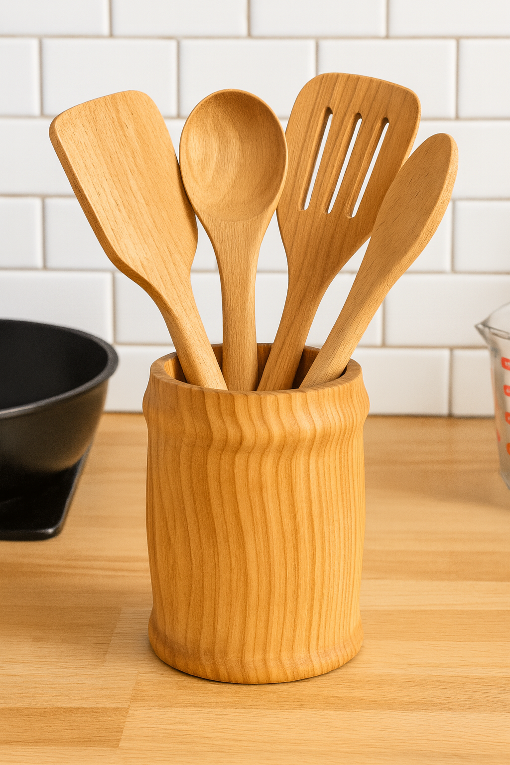 Drewniany kubek na przybory kuchenne stojący na blacie w jasnej kuchni. Wewnątrz znajdują się drewniane łopatki i łyżki.
