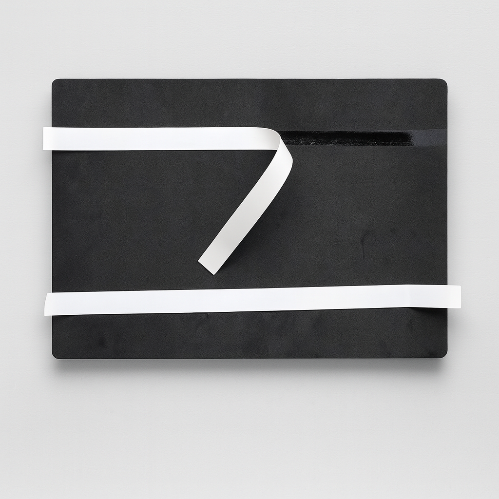 Czarna prostokątna tablica z delikatną fakturą, na której ułożone są dwie białe taśmy – jedna poziomo, druga ukośnie.