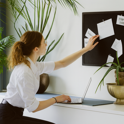 Kobieta pracująca w domowym biurze przypina notatkę na czarnej tablicy korkowej, obok stoją zielone rośliny doniczkowe, a na biurku leży otwarty laptop – jasne, naturalne wnętrze w stylu minimalistycznym.