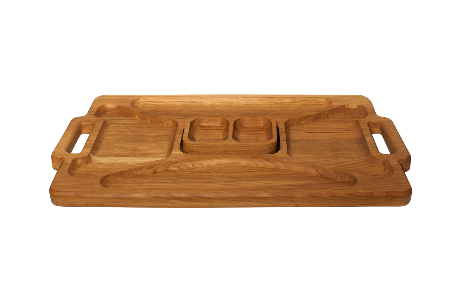 Elegancka dębowa deska do serwowania z miseczką na sosy – 5 praktycznych komór, idealna do podawania przekąsek, dipów i przystawek, wykonana z naturalnego drewna o pięknym usłojeniu.